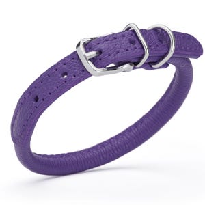 Purple leather dog collar with metal hardware, round design, 1/3 inch wide