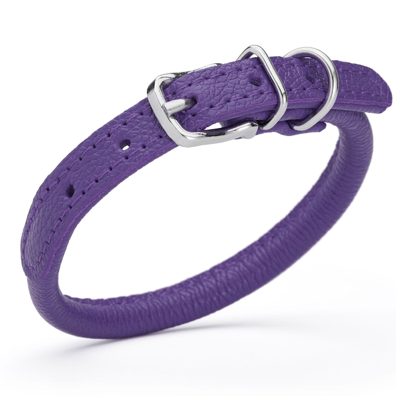 Purple leather dog collar with metal hardware, round design, 1/3 inch wide