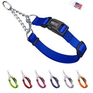 May include: A blue dog collar with a metal chain and a black plastic buckle. The collar has the text "DOG LINE" on the buckle. Additional collars in green, red, pink, purple, light purple, and orange are shown below.