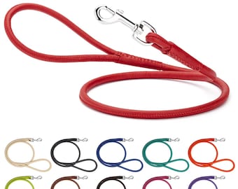 Rolled Soft Leather Dog Leash – 3 ft, 4 ft, 6 ft Leashes, 22 in Traffic Lead – Metal Swivel Snap Leather Leash