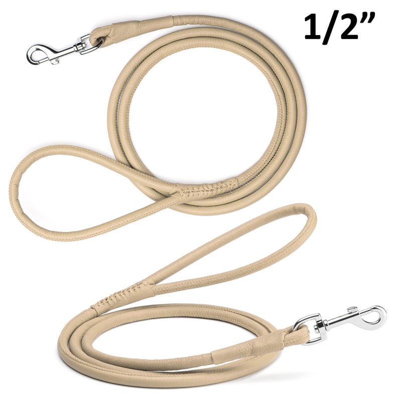 May include: A beige leather dog leash with a silver-colored metal clasp. The leash is 1/2 inch thick and features a loop handle. The leash is coiled and has a stitched section near the handle.