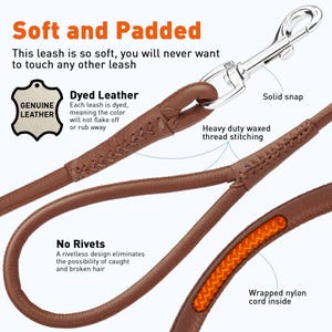 May include: A brown leather dog leash with a solid metal snap. The leash features heavy-duty waxed thread stitching and a wrapped nylon cord inside. The text on the image says "Soft and Padded" and "Genuine Leather".