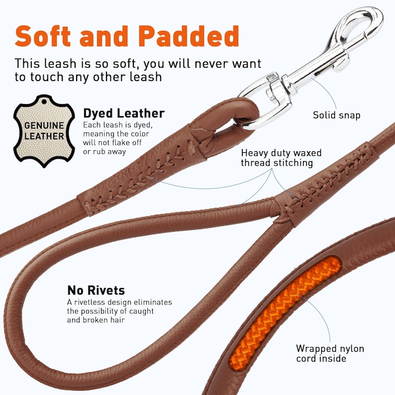 May include: A brown leather dog leash with a solid metal snap. The leash features heavy-duty waxed thread stitching and a wrapped nylon cord inside. The text on the image says "Soft and Padded" and "Genuine Leather".