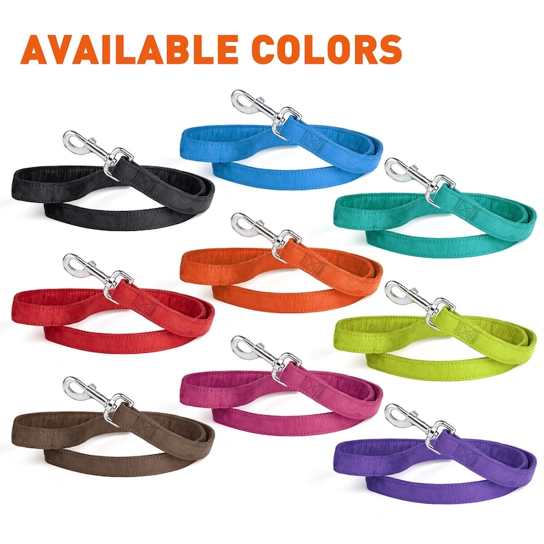May include: Available colors for a dog leash. The leash is made of a soft, suede-like material and comes in black, blue, teal, orange, red, green, pink, brown, and purple.