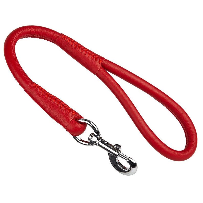 Red leather traffic lead for dogs with metal clip, 22in long