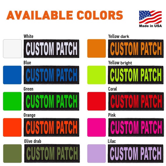 Personalized CUSTOM Patch/Patches with VARIOUS Bright Lettering Colors and Hook Backing Fastener