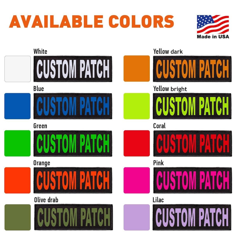 Custom patch for dog harness, dog vest or dof collar; colorful print; white, yellow, blue, green, coral, orange, pink, olive drab, lilac letter colors