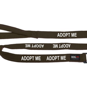 May include: A brown dog leash with a silver clip. The leash has the words "Adopt Me" printed on it multiple times.