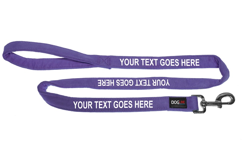 May include: Purple dog leash with a silver clip and the text "YOUR TEXT GOES HERE" printed on it.