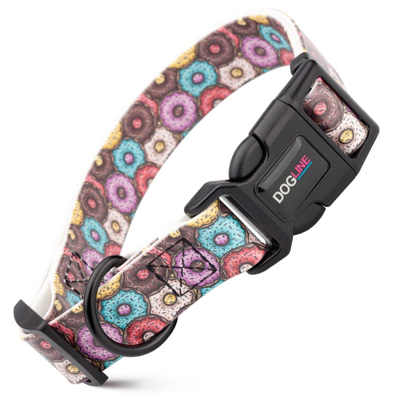 Printed Biothane dog collar with quick release buckle, Donuts design