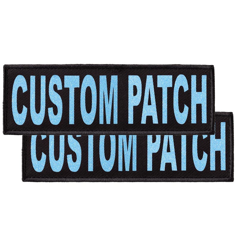 Personalized patch for dog harness, vest or collar with Blue Glitter lettering