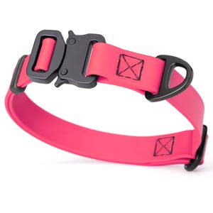 Passionfruit Pink dog collar with metal buckle and D-ring, 3/4 inch wide, made from Biothane