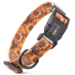Printed Biothane dog collar with quick release buckle, Carved Leather Sunflowers design