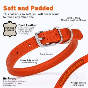 May include: Orange leather dog collar with a solid buckle and a D-ring. The collar is padded and has heavy duty waxed thread stitching. The text "Genuine Leather" and "Dyed Leather" is visible on the image. The text "Solid D-Ring" and "Attach a leash or ID tags" is visible on the image. The text "No Rivets" and "A rivetless design eliminates the possibility of caught and broken hair" is visible on the image. The text "Wrapped nylon cord inside" is visible on the image.
