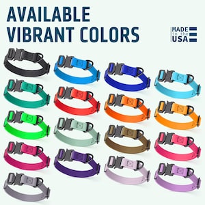 Waterproof Biothane dog collars with metal side release buckle are available in 17 colors