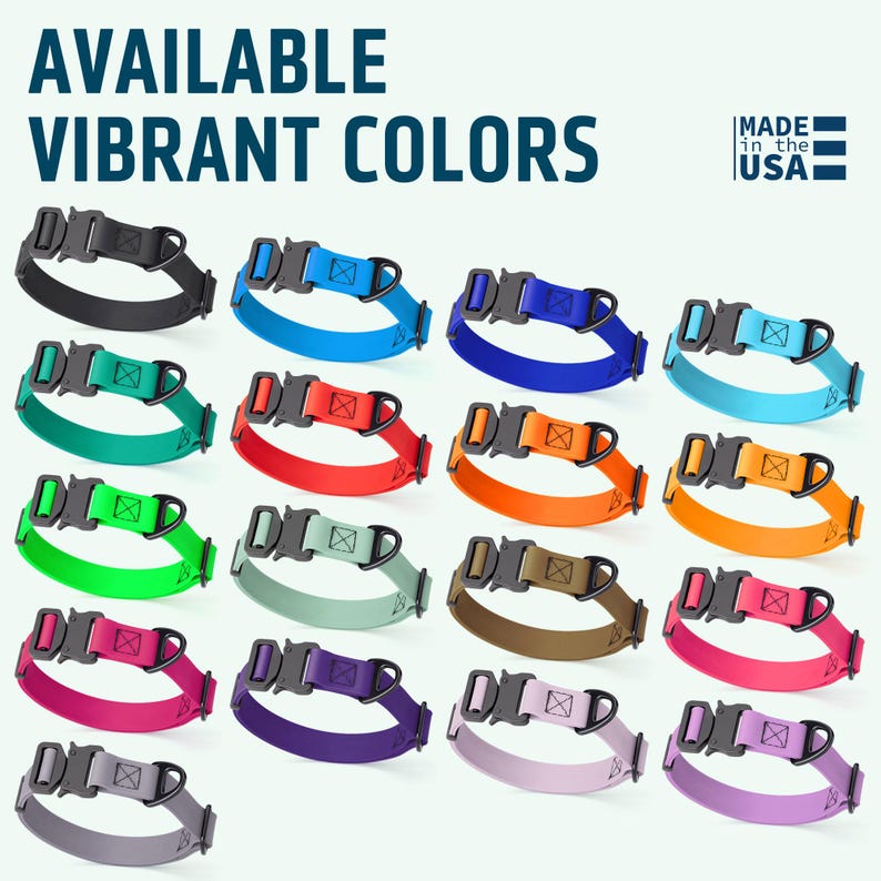 Waterproof Biothane dog collars with metal side release buckle are available in 17 colors