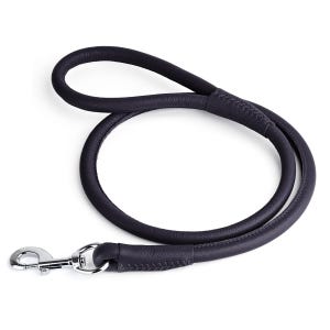 May include: A dark navy blue leather dog leash with a silver-colored metal clasp. The leash is looped and has a rounded, tubular design. The leather appears to be stitched at the handle and the clasp attachment.