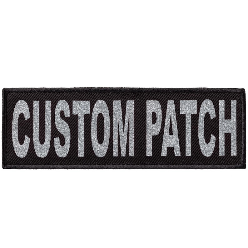 Personalized patch for dog harness, vest or collar with Silver Glitter lettering