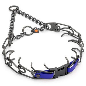 May include: A dark gray metal dog training collar with a chain and prong design. The collar features a blue nylon section with a black buckle closure. The collar is designed for dog training and behavior correction.
