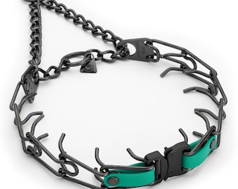 May include: A black metal prong collar with a chain and a teal-colored buckle. The collar features multiple prongs and a chain for secure attachment. The buckle is black and teal, providing a contrasting accent to the dark metal.