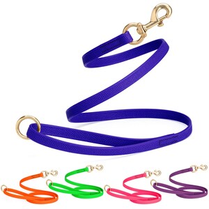 May include: A vibrant purple dog leash with a gold-colored clasp and ring. The leash has a textured surface and is shown in a curved, flowing design. Additional leashes in orange, green, pink, and purple are displayed below.