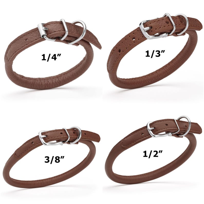 Round leather collars for dogs with metal buckle, 4 width options