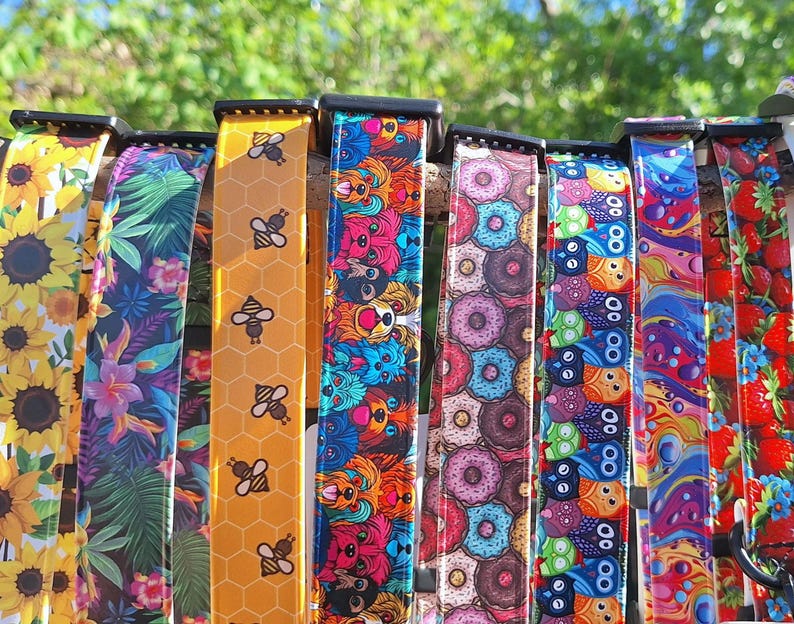 Waterproof dog collars with various patterns including bees, donuts, owls, and flowers. The collars are made of Biothane.