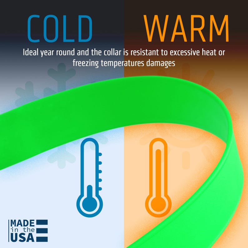 Puede incluir: Gr&aacute;fico con las palabras "COLD" y "WARM" en azul y naranja. La imagen incluye una banda verde e iconos de term&oacute;metro. El texto indica que el collar es resistente al calor y a las temperaturas de congelaci&oacute;n. Tambi&eacute;n est&aacute; presente la frase "MADE in the USA".