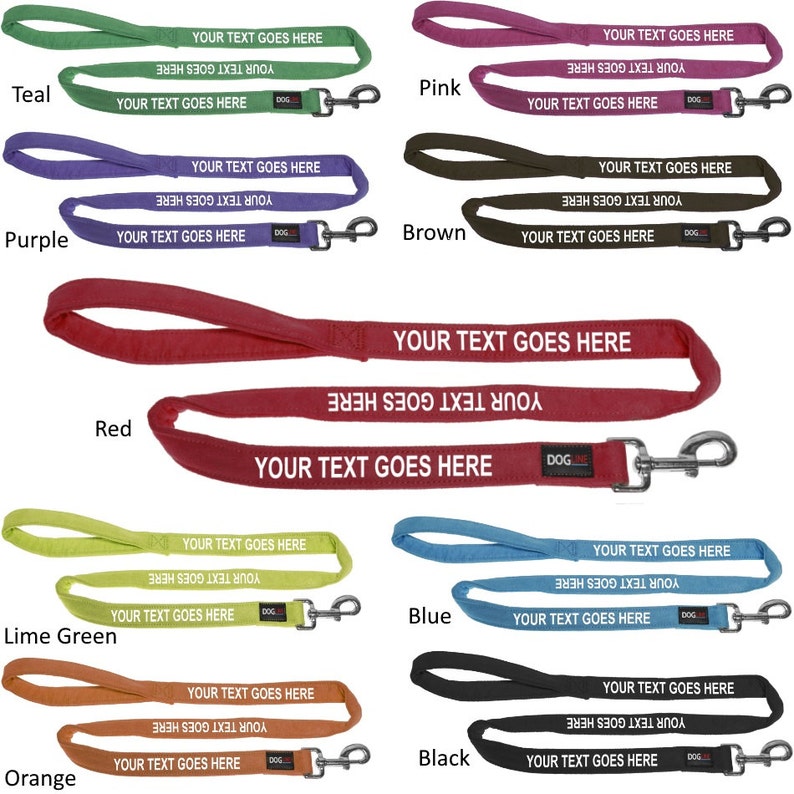 Personalized Microfiber Soft Dog Leash, 4 or 6 ft long. Available in Teal, Pink, Purple, Brown, Red, Black, Lime Green, Blue, Orange.