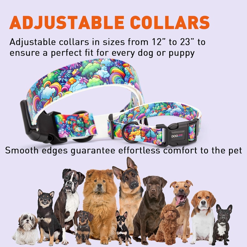 May include: Adjustable dog collars with a rainbow and cloud print. The collars are available in sizes from 12 inches to 23 inches. The collars are shown with a group of dogs.