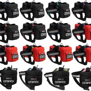 Personalized Dog Harness With Removable Side Bags either black or red W/ Custom hook and loop Patch. 16 available colors.
