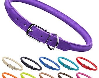 Padded Rolled Leather Dog Collar with Metal Buckle and D-Ring – for Small Dogs, Medium and Large Breeds – Soft Leather Dog Collars