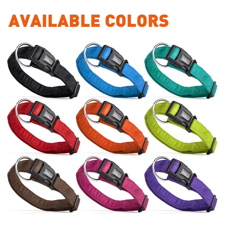 May include: Ten dog collars in different colors, including black, blue, teal, red, orange, green, brown, pink, purple, and gray. Each collar has a silver ring and a black buckle with the word "BOOG" printed on it.