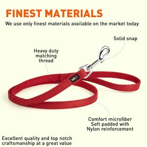 May include: Red dog leash with a solid snap, heavy duty matching thread, and a comfort microfiber lining with nylon reinforcement. The leash is made of high-quality materials and is designed for durability and comfort.