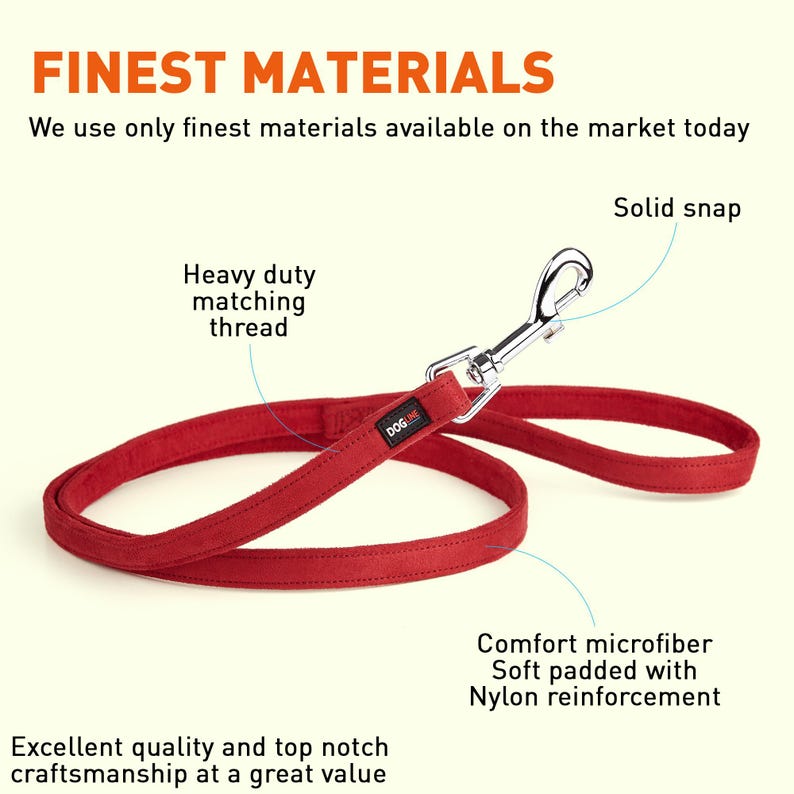 May include: Red dog leash with a solid snap, heavy duty matching thread, and a comfort microfiber lining with nylon reinforcement. The leash is made of high-quality materials and is designed for durability and comfort.