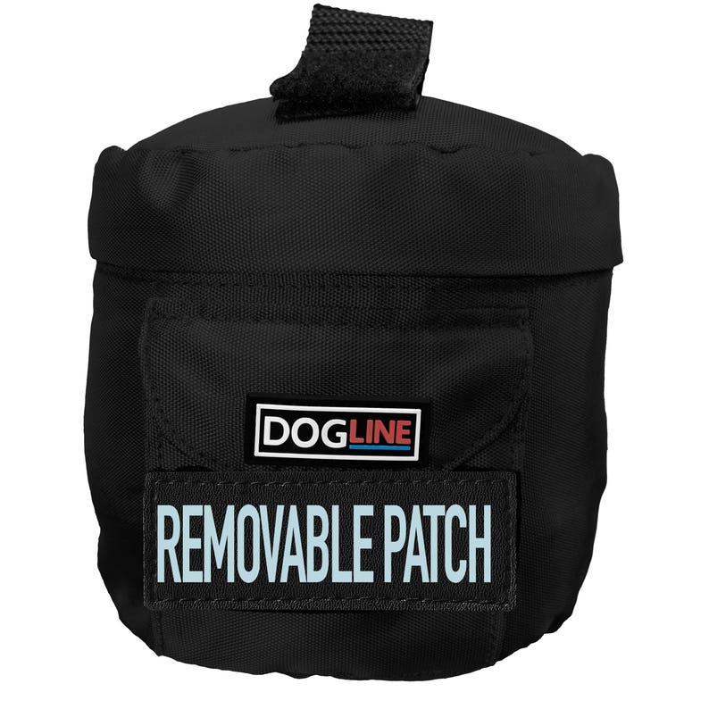 May include: Black pouch with a removable patch. The pouch has a small pocket with the "DOGLINE" logo in a white rectangle with red and blue accents. The removable patch below reads "REMOVABLE PATCH" in white letters.