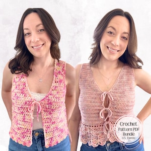 May include: Two crochet vests in pink and yellow hues. One is open with a tie closure, the other has a lace-up front. The vests are sleeveless with a V-neck design. The image includes text that reads "Crochet Pattern PDF Bundle U.S. Terms."