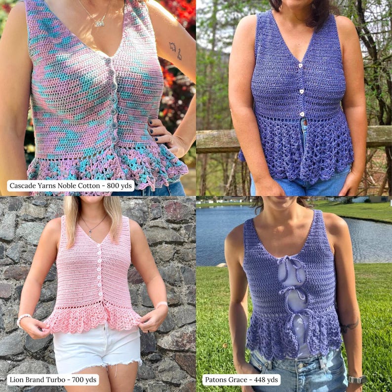 K&ouml;nnte beinhalten: Eine Collage aus vier &auml;rmellosen H&auml;keloberteilen. Eines ist bunt in Pink und Blau, eines ist einfarbig lila mit Kn&ouml;pfen, eines ist einfarbig hellrosa mit Kn&ouml;pfen und eines ist einfarbig lila mit drei Bindeb&auml;ndern. Jedes Oberteil hat einen Sch&ouml;&szlig;chensaum.