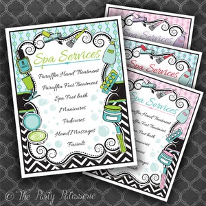 Spa Birthday Party Spa Services Sign / Color Choices / Digital File / Printable