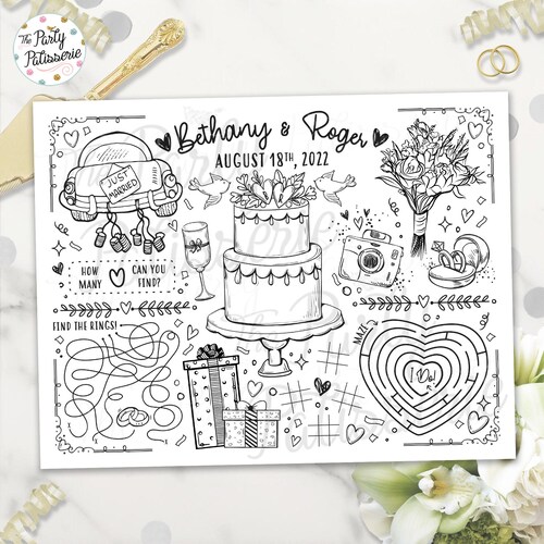 Mantel individual imprimible para colorear de boda, personalizado