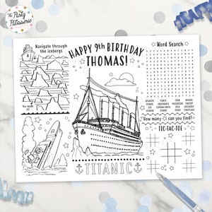 Set de table à colorier Titanic, anniversaire du Titanic, personnalisé, fichier numérique, imprimable, sur mesure, bateau, bateau, tapis de coloriage, tapis d'activités