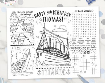 Titanic Coloring Placemat, Titanic Verjaardag, Gepersonaliseerd, Digitaal Bestand, Afdrukbaar, Aangepast, Schip, Boot, Kleurmat, Activiteitenmat