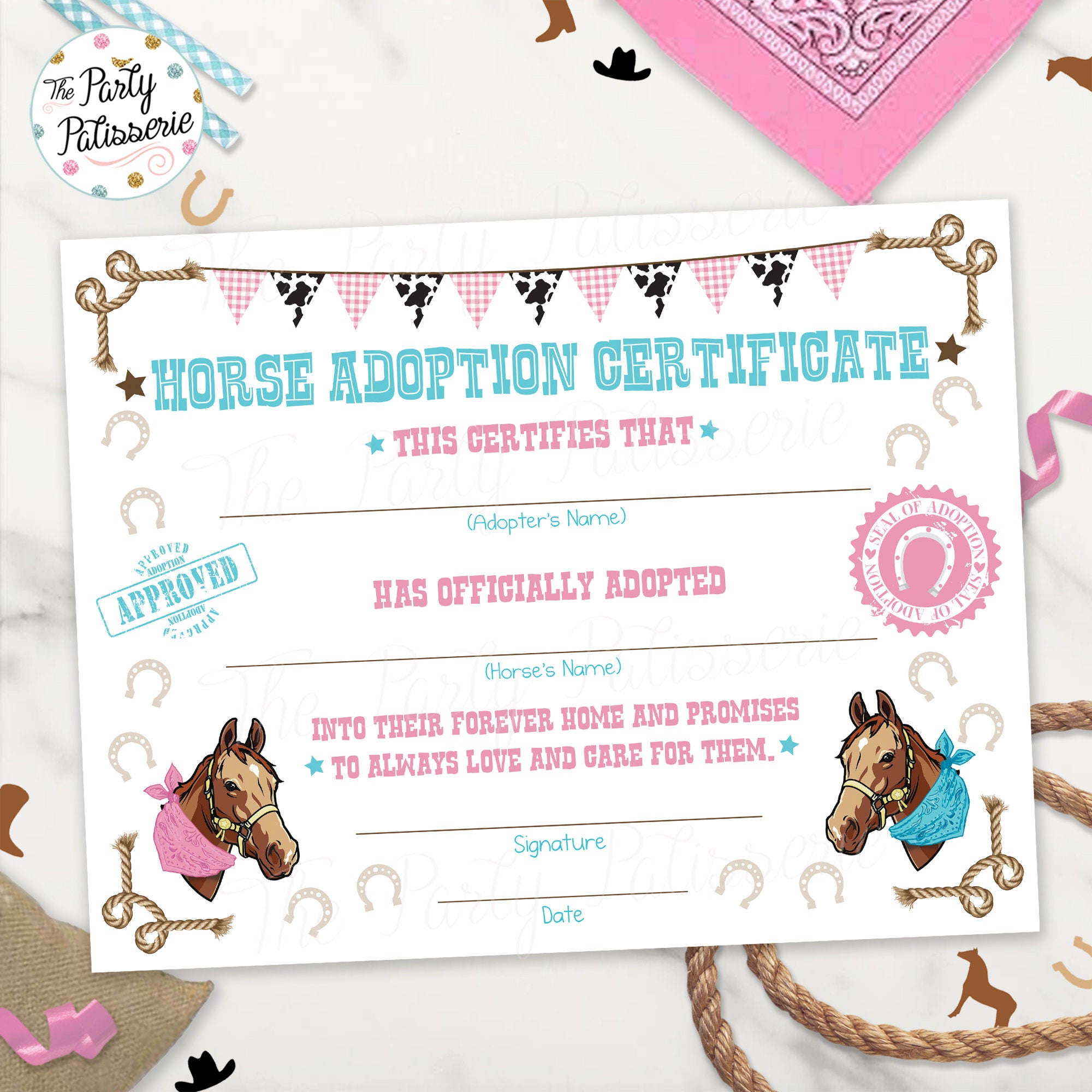 Horse Adoption Certificate, Adopt a Horse Certificate, Cowgirl Birthday,  Horse Party, Digital File, Printable, Horse Adoption, Western Party Pertaining To Toy Adoption Certificate Template