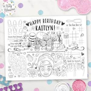 Printable Spa Party Coloring Placemat, Personalized