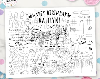 Printable Spa Party Coloring Placemat, Personalized