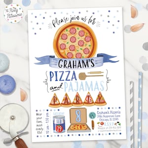Invito di compleanno per festa di pizza e pigiama per ragazzi, file digitale, stampabile, invito per festa della pizza, pigiama party, pigiama party, pigiama party