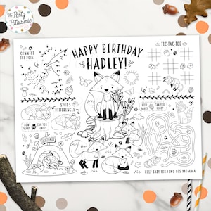 Tovaglietta da colorare con volpe stampabile, personalizzata, file digitale, festa della volpe, compleanno della volpe, tappetino per attività