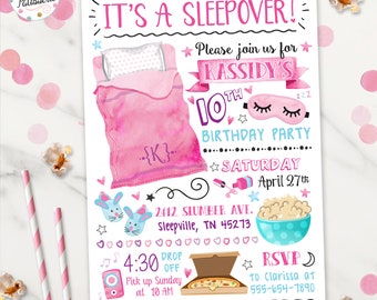Sleepover Birthday Invitation, Slumber Party, Digital File, Printable