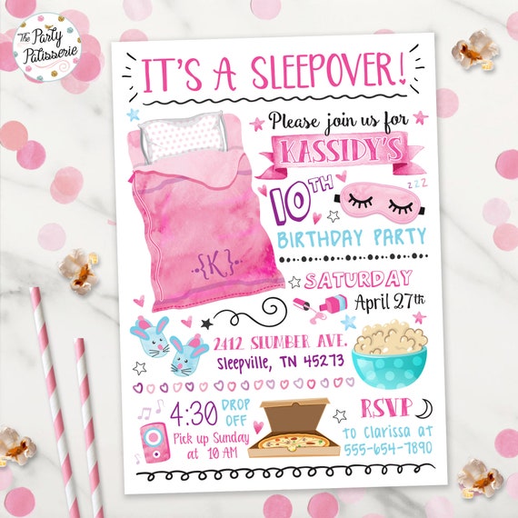 Carte d'invitation anniversaire soirée pyjama