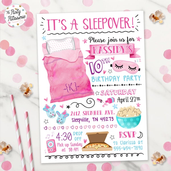 Sleepover Birthday Invitation, Slumber Party,  Digital File, Printable, Custom